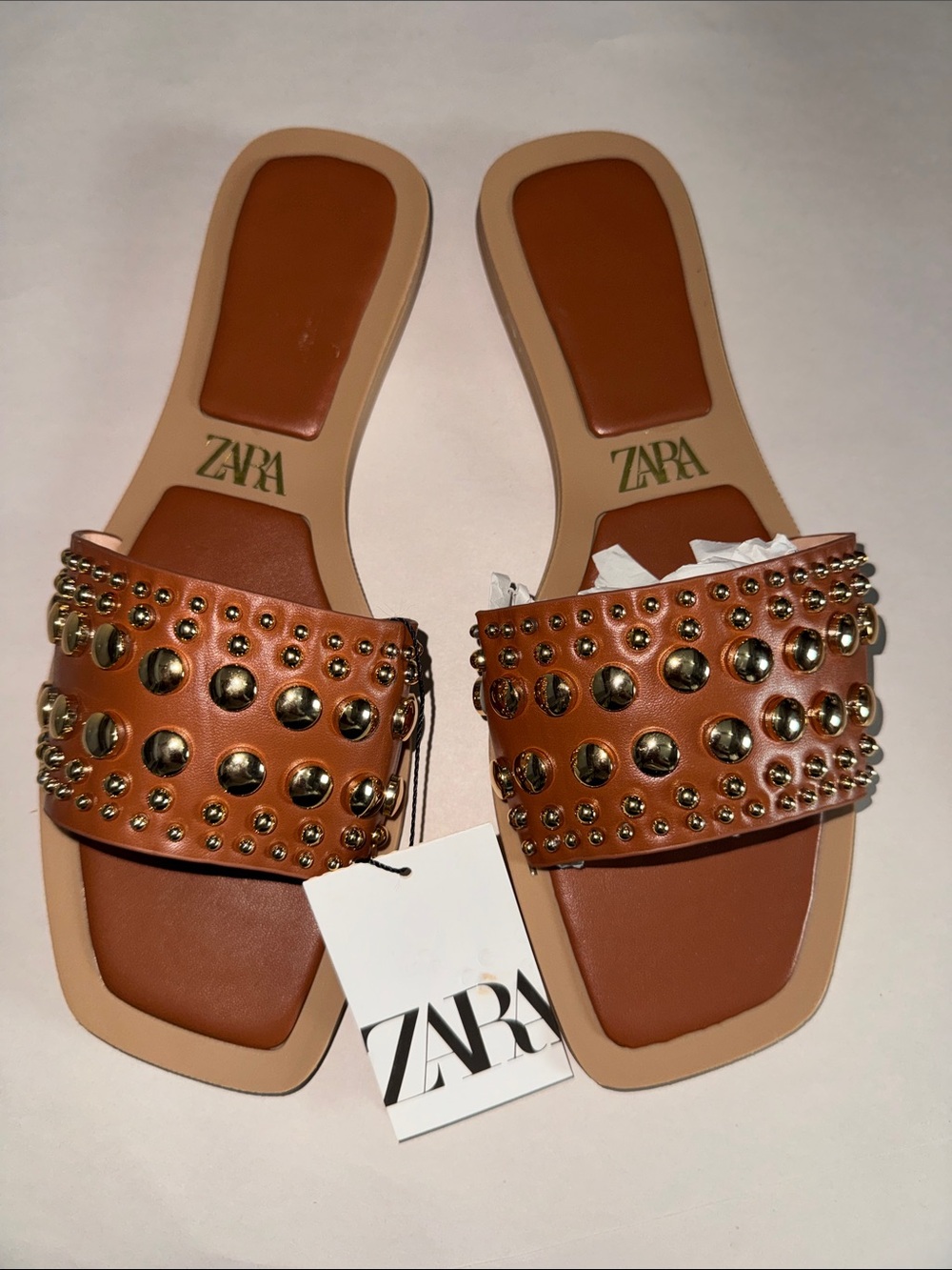 Tan Slide Sandals with Gold Stud Embellishments